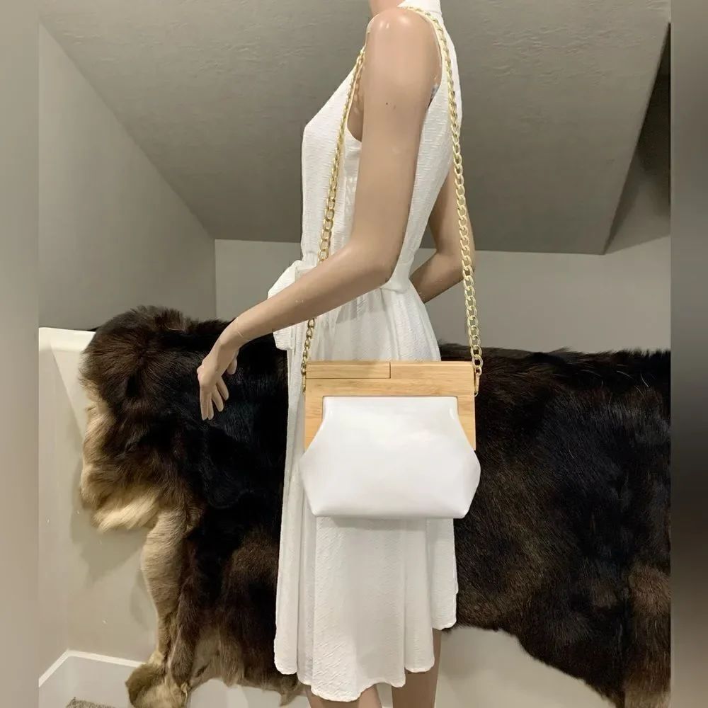 Handmade Genuine Cowhide Pattern Embossed Wooden Frame Purse & 2 Chain Styles - Picture 6 of 16